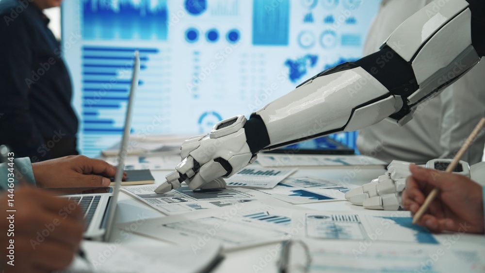 Poster a futuristic robotic arm interacts with data charts and reports in a modern office space, highlighti