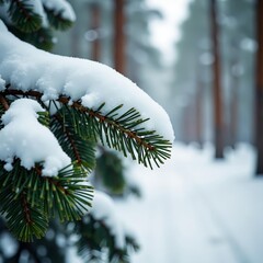 Closeup of snow-covered pine branch in winter forest, nature, winter