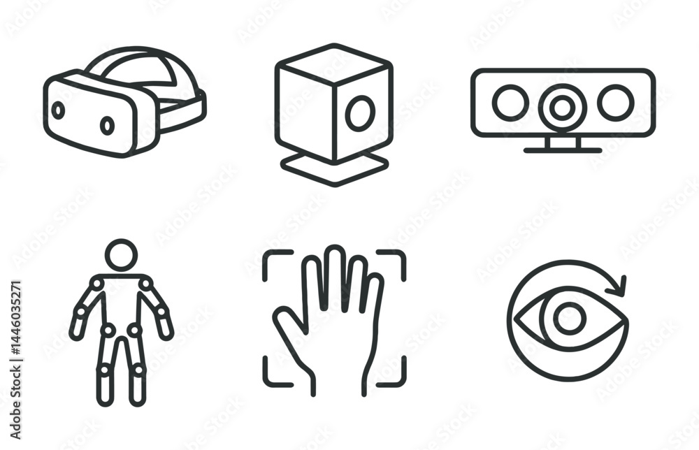 Poster virtual reality technology icons - linear style vr, augmented reality, and interactive design symbol