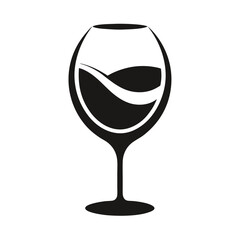 Black and White Wine Glass Silhouette with Curved Liquid Inside on Isolated White