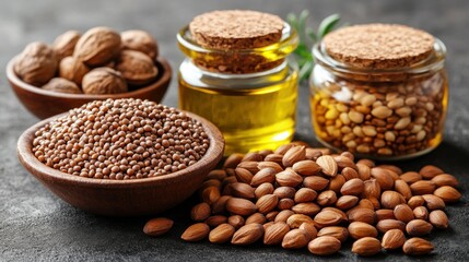 Fototapeta premium Healthy nuts and seeds, oils