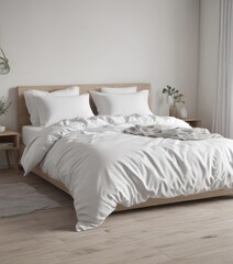 Obraz premium Crisp white bedding, king-size bed, Scandinavian minimalism, bedroom design, nordic