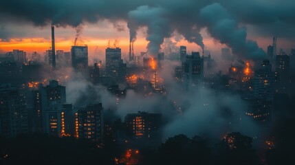 Fototapeta premium Cityscape shrouded in twilight mist, industrial chimneys contributing to the haze