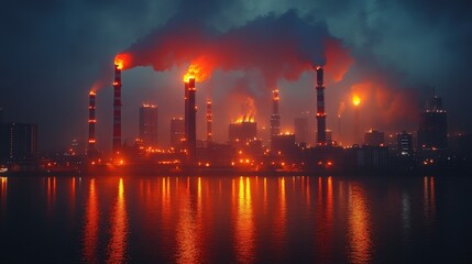 Naklejka premium Industrial Skyline at Night with Glowing Reflections in the Water Body