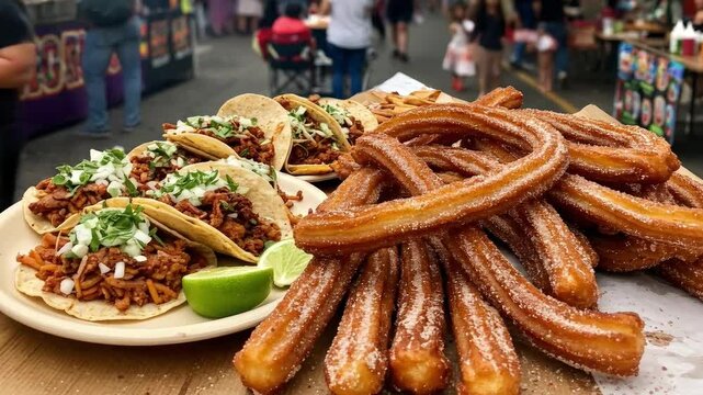 Crunchy churros and savory tacos create a festive feast, perfect for celebrating cinco de mayo