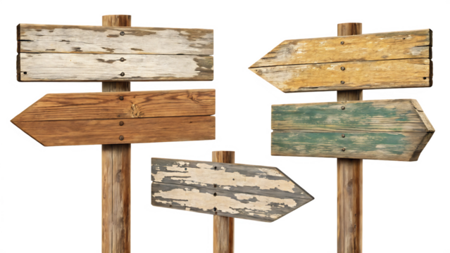  set of old weathered wooden sign board isolated on white background PNG. AI GENERATED
