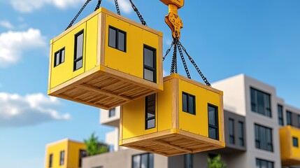 Crane lifts two bright yellow prefabricated modular homes against a backdrop of modern apartment buildings under a partly cloudy sky