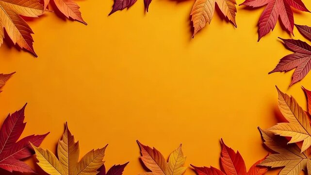 Colorful fall leaves arranged around edges on bright orange background, with shadowed effect, symbolizing autumn season and nature change