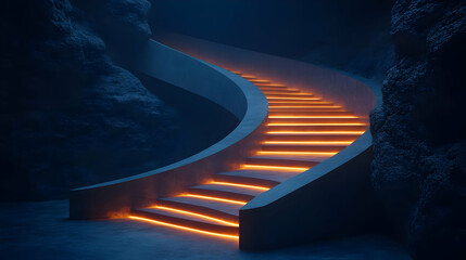 Glowing Orange Spiral Staircase in Dark Stone Setting