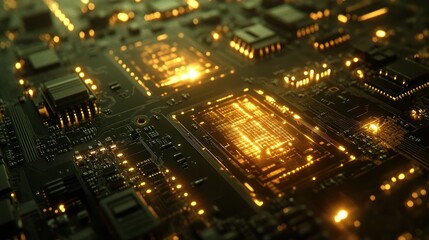 High-tech circuit board glowing with golden light