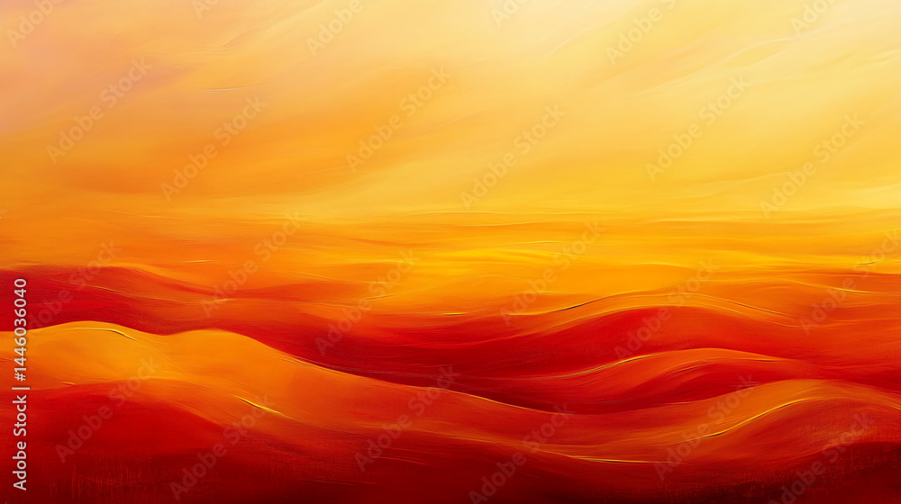 Poster abstract painting of orange and red waves, creating a dynamic and warm visual effect, suggesting sun