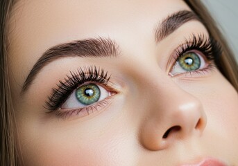 Obraz premium Close-up of a woman's face with green eyes and long eyelashes looking up