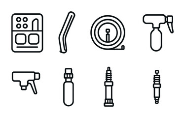Obraz premium Comprehensive automotive tools and parts icons – linear style vehicle, mechanic, and garage symbols: spark plug, air compressor, tire pressure, lug wrench, fuel injector, spray gun