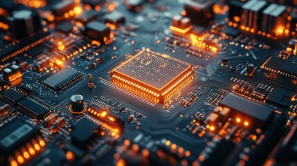 High-tech circuit board with glowing processor