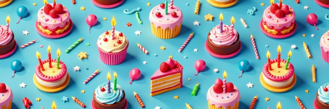 Colorful birthday seamless pattern with cakes, balloons, and candles, fun, party