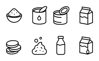 Food and beverage outline icons set – linear style for culinary, nutrition, and grocery design: sugar bowl, oil bottle, canned food, milk carton, cookies, powder, drink bottle.