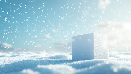 White snow background with falling snowflakes and a small white box in the center