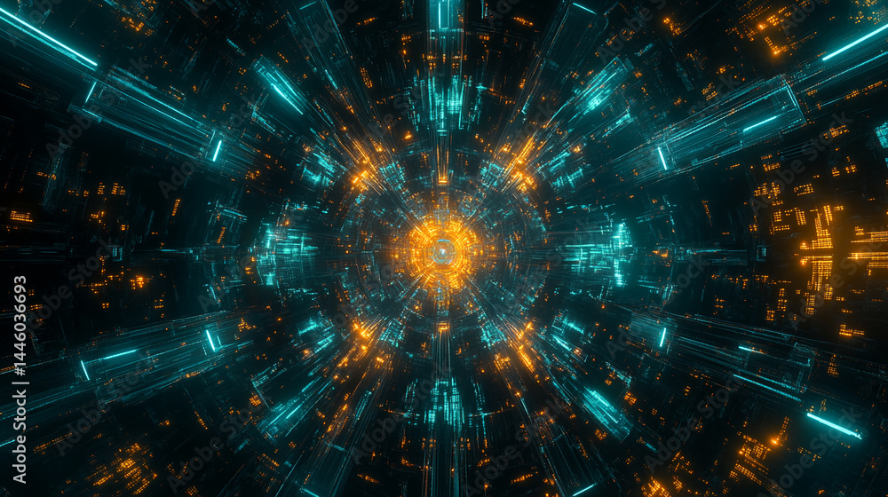 Poster abstract digital art showcasing glowing teal and orange lines converging at a central point, creatin