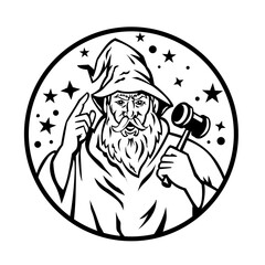 Mascot illustration of a wizard auctioneer or real estate agent broker with hammer or gavel viewed from front set inside circle with stars on isolated background done in retro black and white style.