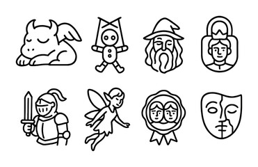 Fantasy and mythology icon set – outline style enchanted symbols: dragon, voodoo doll, wizard, knight, fairy, comedy mask, padlock, laurel wreath.
