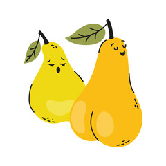 Cute funny yellow pears in a simple style. Female figure of pear type. Hand drawn vector illustration. Self-confidence concept.