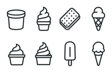 Ice cream and dessert outline icons set – line style sweet treats, frozen snacks, and confectionery symbols: cup, soft serve, popsicle, ice cream cone, sandwich, tub.