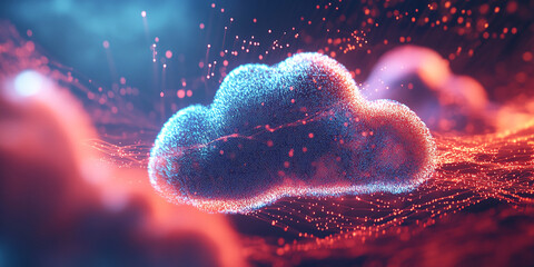 Abstract cloud form, glowing blue and red, composed of particles and lines, suggesting digital data or network connection, symbolizing technology, innovation, and connectivity