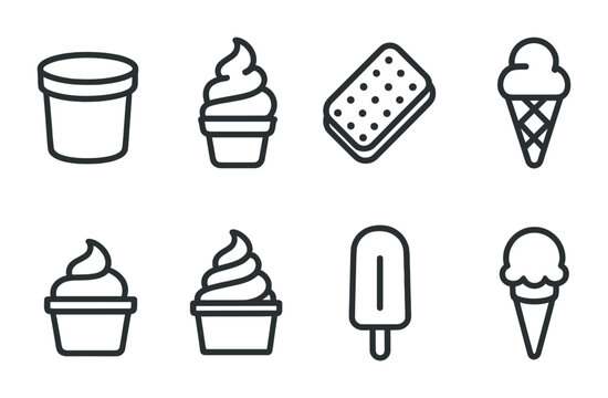 Ice cream and dessert outline icons set – line style sweet treats, frozen snacks, and confectionery symbols: cup, soft serve, popsicle, ice cream cone, sandwich, tub.