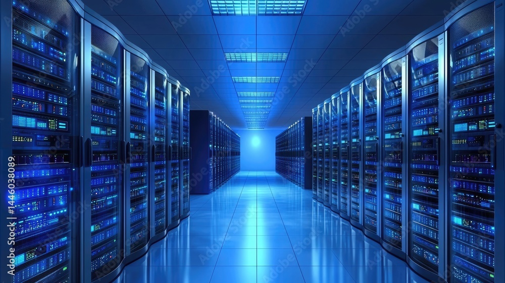 Aufkleber Symmetrical server hallway with high-tech lighting, ideal for tech marketing content, futuristic business environments, and data infrastructure platforms