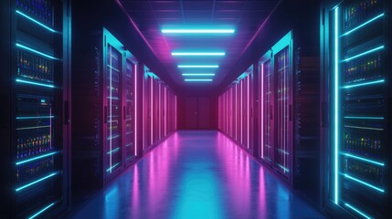 Fototapeta premium Cyberpunk style server corridor with purple and blue neon lighting, ideal for futuristic IT environments, gaming infrastructure, or sci-fi tech interfaces