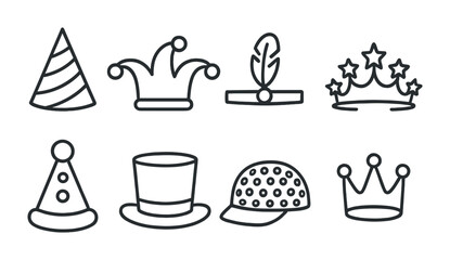 Celebration hat icon set – line style party, festival, and costume symbols: party hat, jester hat, feather cap, tiara, clown hat, top hat, baseball cap, crown.