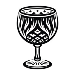 Ornate Wine Glass Silhouette with Intricate Patterns, Tribal Style Black and White Decor