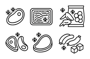 Fototapeta premium Frozen food outline icons set – linear style grocery, cuisine, and freezer symbols for meal planning: steak, ground beef, chicken wings, pork chop, sausage.