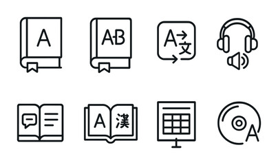 Language and communication icons set – outline style for learning, translation, and education: dictionary, translation, audiobook, speech bubble, open book, alphabet, presentation screen, cd.