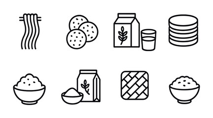 Food and culinary line icons set &ndash; outline style kitchen, cooking, and grocery symbols for recipe design: noodles, cookies, milk, cereal, rice, tile, bowl.