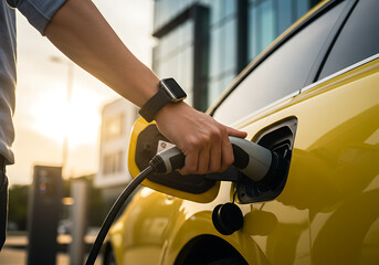 Someone plugging an electric vehicle charging cable into a car at an outdoor charging station.