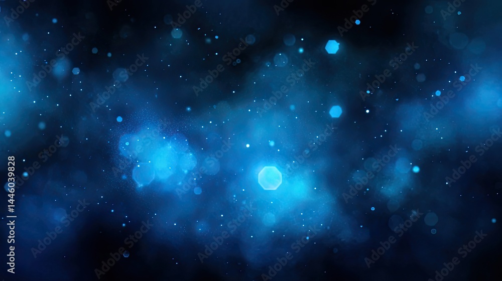 Poster blue glowing light particles and bokeh effect suspended in space abstract