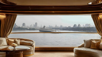 Fototapeta premium Luxury Yacht Interior with City Skyline View