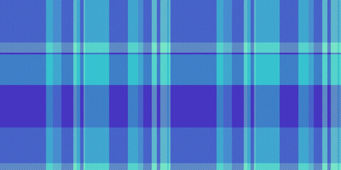 Craft plaid fabric textile, fade pattern background tartan. Pano vector check seamless texture in cyan and indigo colors.