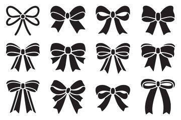 Set of black ribbon bow silhouettes vector illustration collection isolated on white background for decoration, gift wrap, fashion design, festive packaging, wedding, and craft elements"