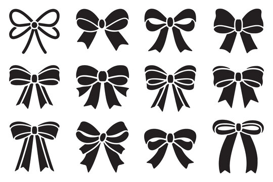 Set of black ribbon bow silhouettes vector illustration collection isolated on white background for decoration, gift wrap, fashion design, festive packaging, wedding, and craft elements"