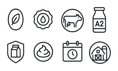 Dairy farm icons – outline style agriculture and food symbols for sustainable milk production: leaf, milk drop, cow, a2 bottle, milk shield, cream, calendar, barn.