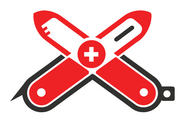 Obraz premium Vector illustration of a simplified, stylized Swiss Army Knife logo, red and black