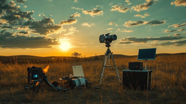 Astronomy equipment setup at sunset