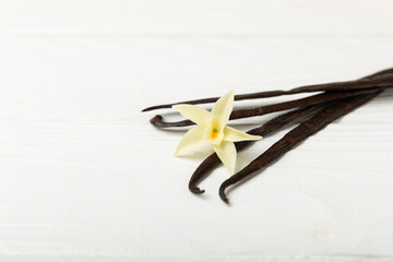 Vanilla pods on a textured background. Vanilla flowers and seeds. vanilla stick bean. Aromatic...