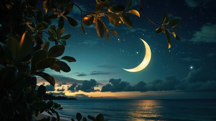 Crescent moon hangs over a tranquil beach at twilight. Lush foliage frames the celestial scene