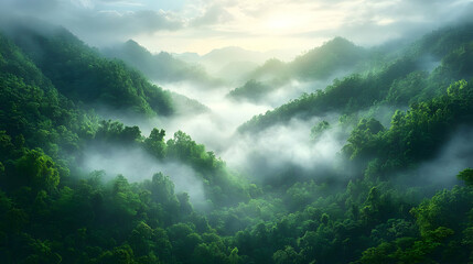 Misty Mountain Landscape: Sunrise Over Lush Green Forest