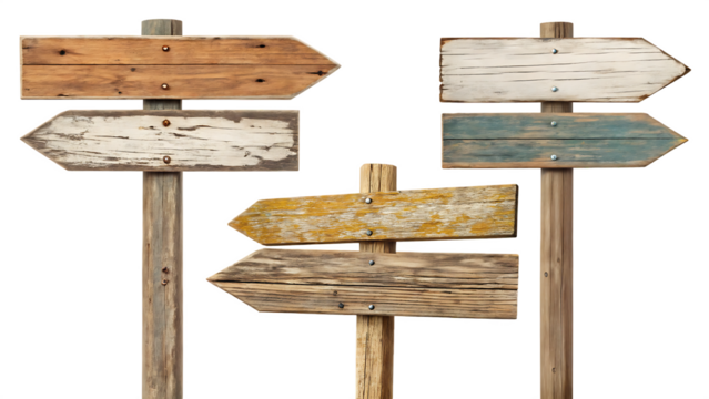  set of old weathered wooden sign board isolated on white background PNG. AI GENERATED