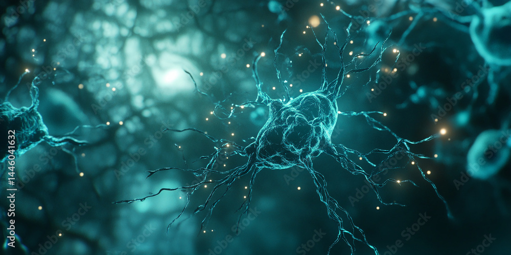 Poster microscopic view of neuron cell, teal color, intricate network of branches, glowing particles, symbo