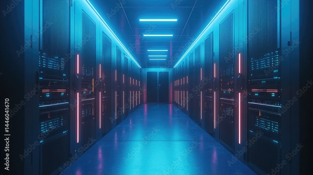 Poster stylish tech server hallway with ambient lighting in pink and blue, great for sci-fi interfaces, dat